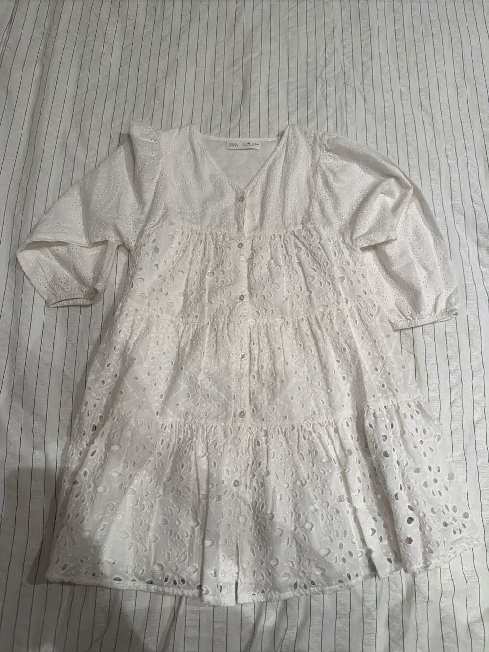 Zara White Eyelet Tiered Buttoned Dress